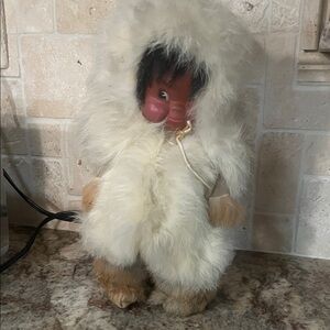 Vintage Fur Eskimo Doll in White and Brown